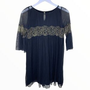 PATRIZIA PEPE SERA Chiffon Dress With Gold Scroll & Back Keyhole Black Sz Medium